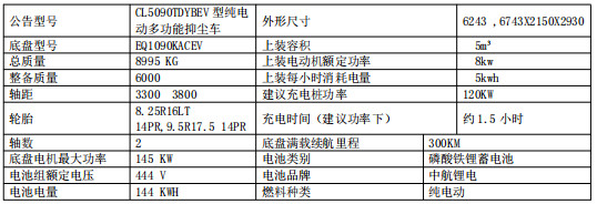 CL5090TDYBEV型純電動(dòng)多功能抑塵車產(chǎn)品參數(shù)表
